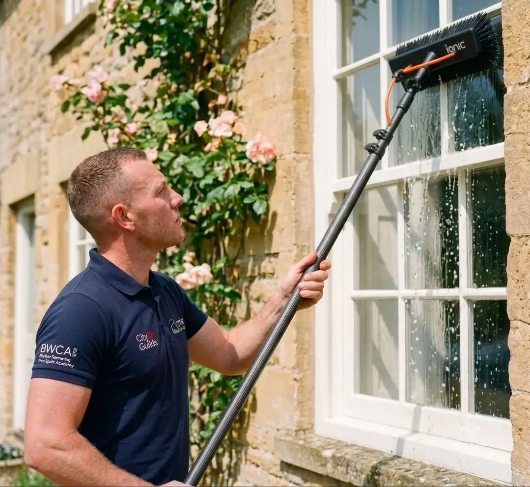 Window cleaner rinsing a stone cottage window with a water fed pole